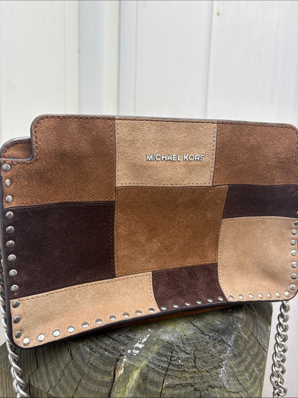 Michael Kors Patchwork Suede Crossbody in Brown Tones with Silver Chain